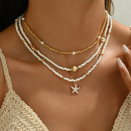 Vintage Women's Multi-layer Stacked Handmade Seed Bead Choker Trendy Starfish Shell Pendant Necklace Summer Beach Party Jewelry