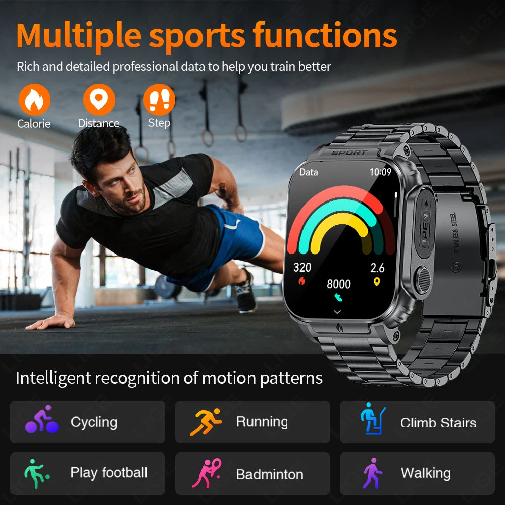 LIGE New 1.95" HD Screen Smart Watch Men 500mAh Big Battery Outdoor Sports Man Watches BT Call Smartwatch With Electronic Heater