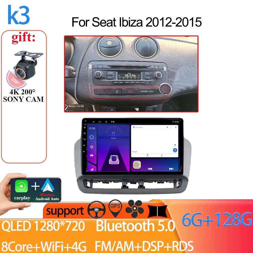 Android Auto Radio Car For Seat Ibiza 2012-2015 GPS Navigation QLED Touch Screen Multimedia Video Player 5G WIFI BT No 2din DVD