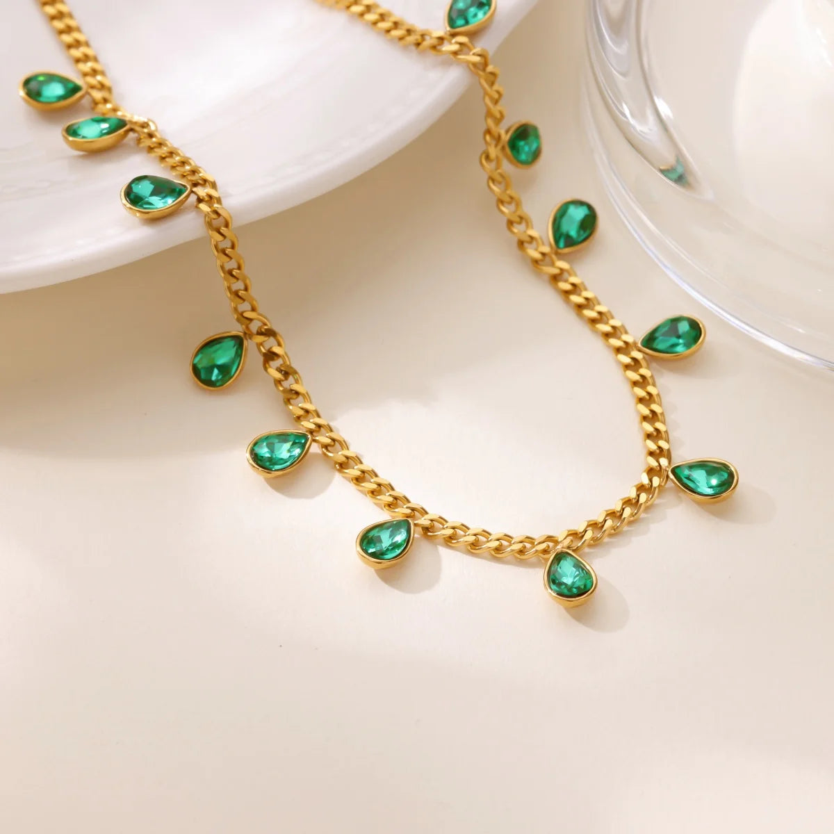 Colored Zircon Waterdrop Necklace For Women Stainless Steel Gold Color Chain Choker Necklace Luxury Jewelry collares para mujer
