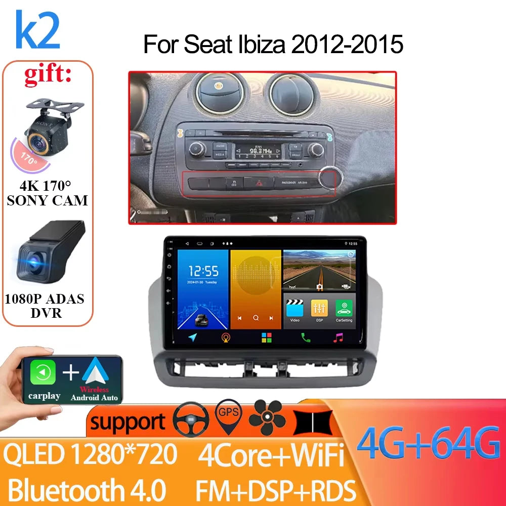 Android Auto Radio Car For Seat Ibiza 2012-2015 GPS Navigation QLED Touch Screen Multimedia Video Player 5G WIFI BT No 2din DVD