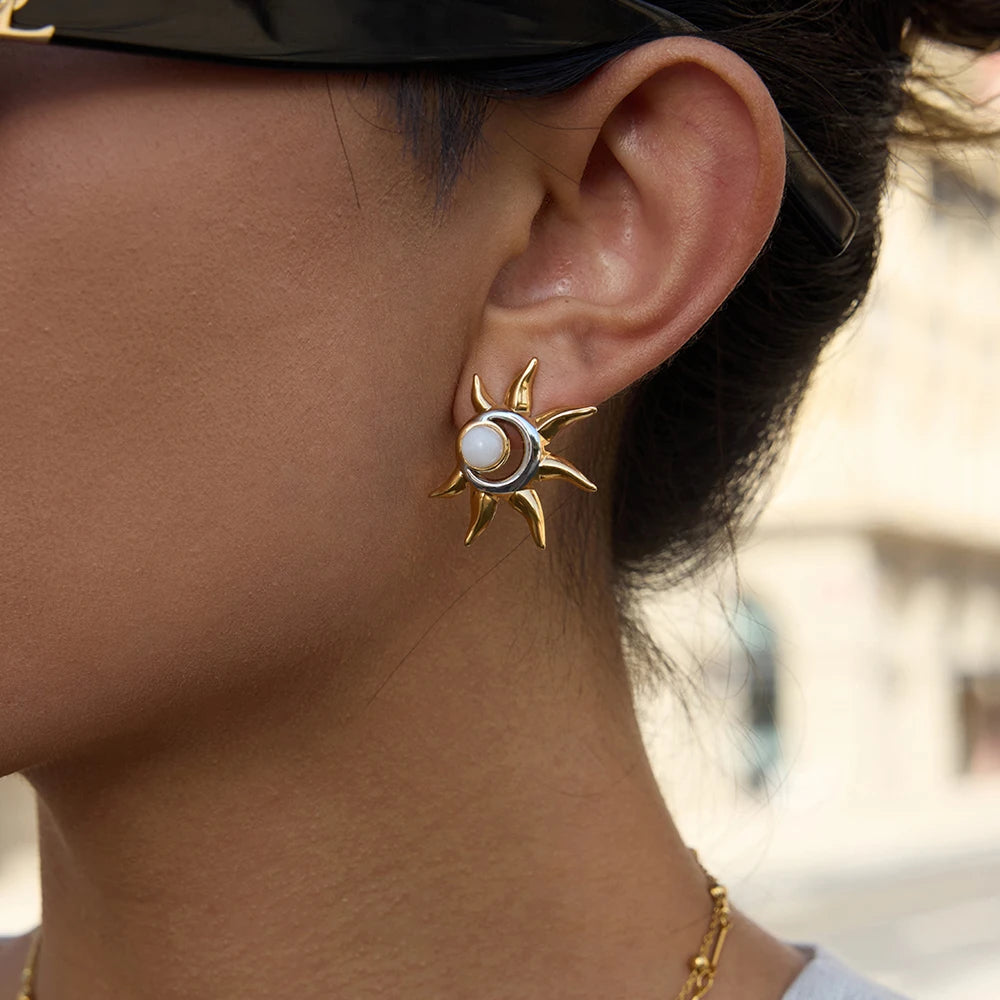 Uworld Opal Sun Pendant Earrings for Women Stainless Steel 18K Gold Color Plated Fashionable Jewelry for Everyday Wear