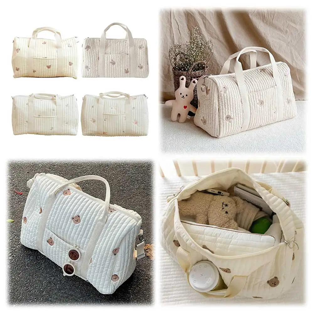 Cute Cartoon Baby Diaper Bag Embroidered Nappy Organizer with Zipper Unisex Mom Tote Storage Bag for Travel and Daily Use